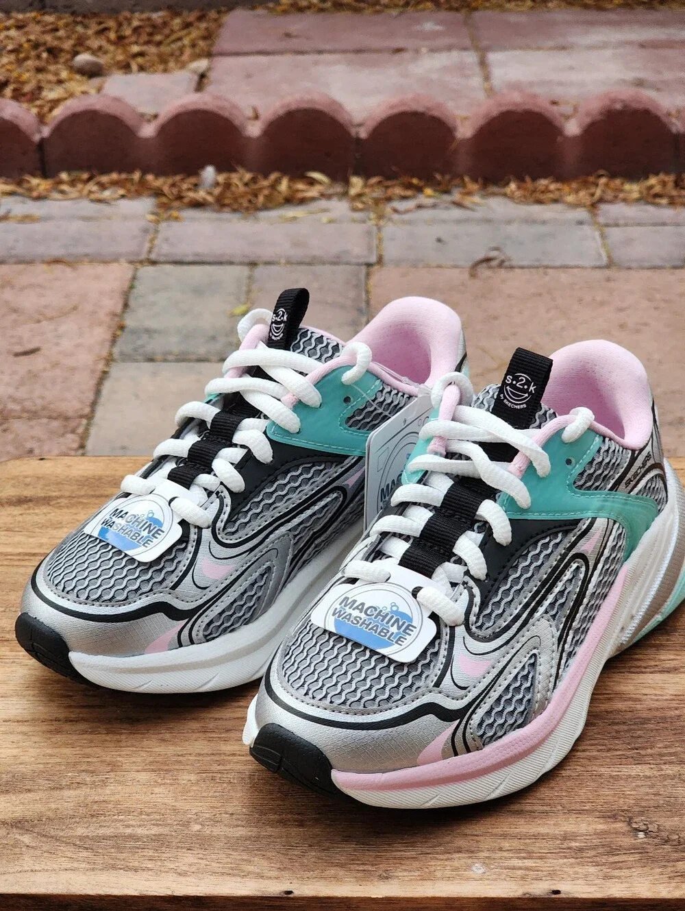 Skechers Girls' S2K Silver Multi Machine Washable Sneakers (Youth) Size 12